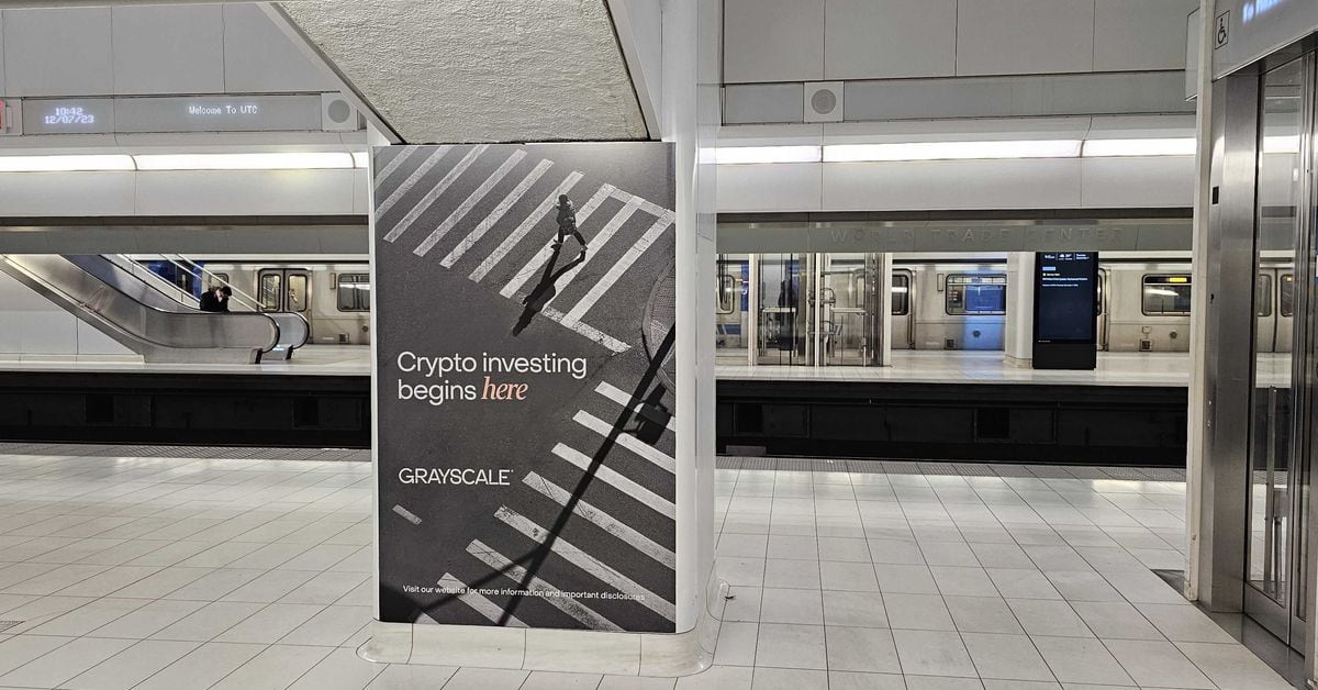 New York Stock Exchange with banner flagging ProShares Bitcoin Strategy ETF on the day it started trading.