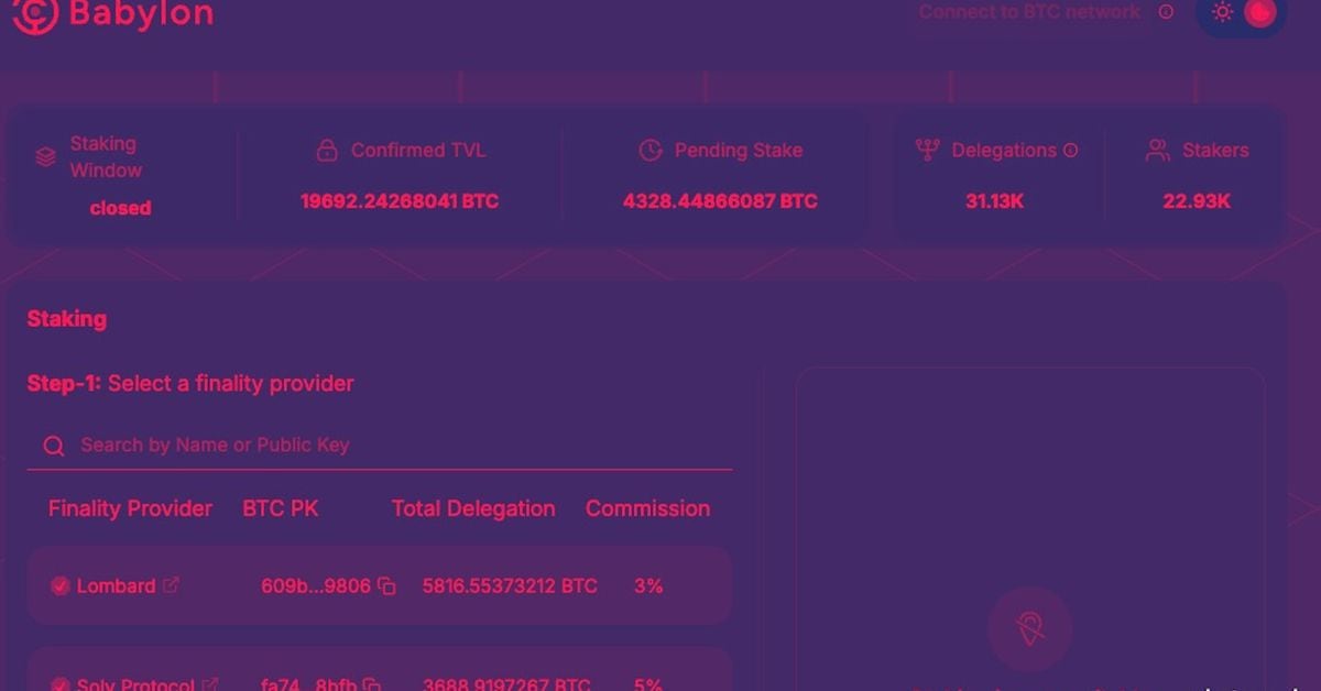 Screenshot from Babylon's staking dashboard (Babylon)