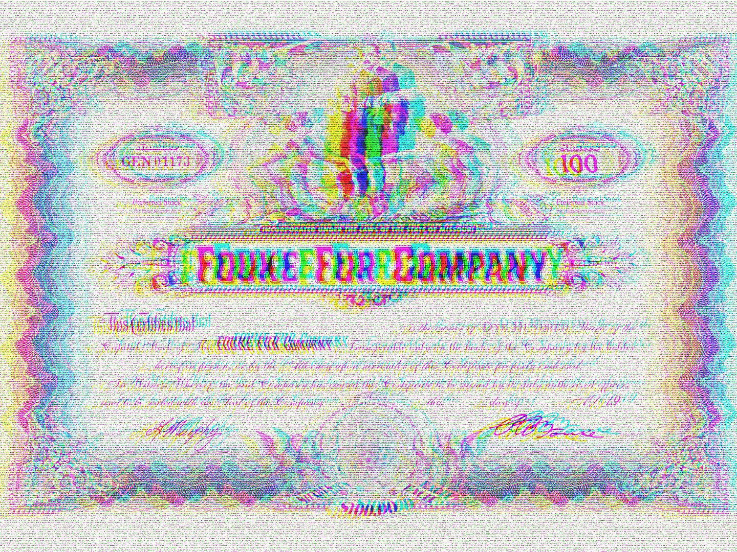 A Fouke Fur Company stock certificate for 100 shares. (Wikimedia, modified by CoinDesk)