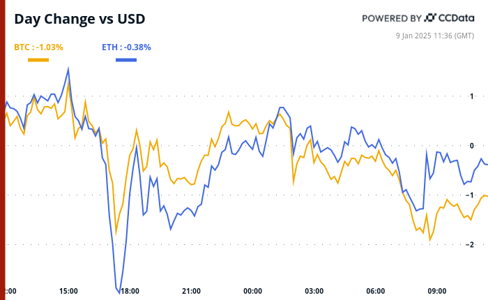 Bitcoin and ether’s 24-hour performance