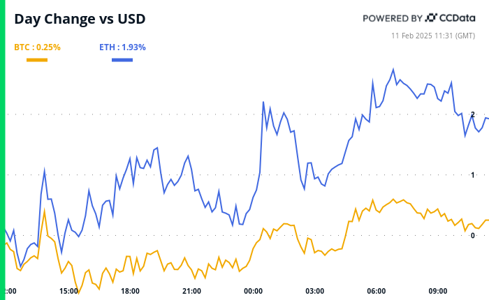 Bitcoin and ether’s 24-hour performance