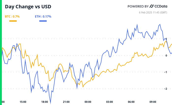 Bitcoin and ether’s 24-hour performance