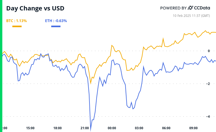 Bitcoin and ether’s 24-hour performance