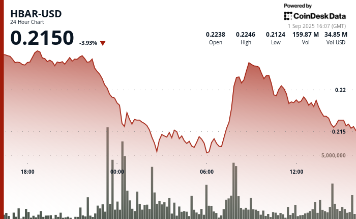 HBAR Shares Drop 4% as Institutional Selling Intensifies